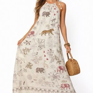 Ottod'Ame Made in Italy Linen Safari Print Halter Maxi Dress XS (US 2)